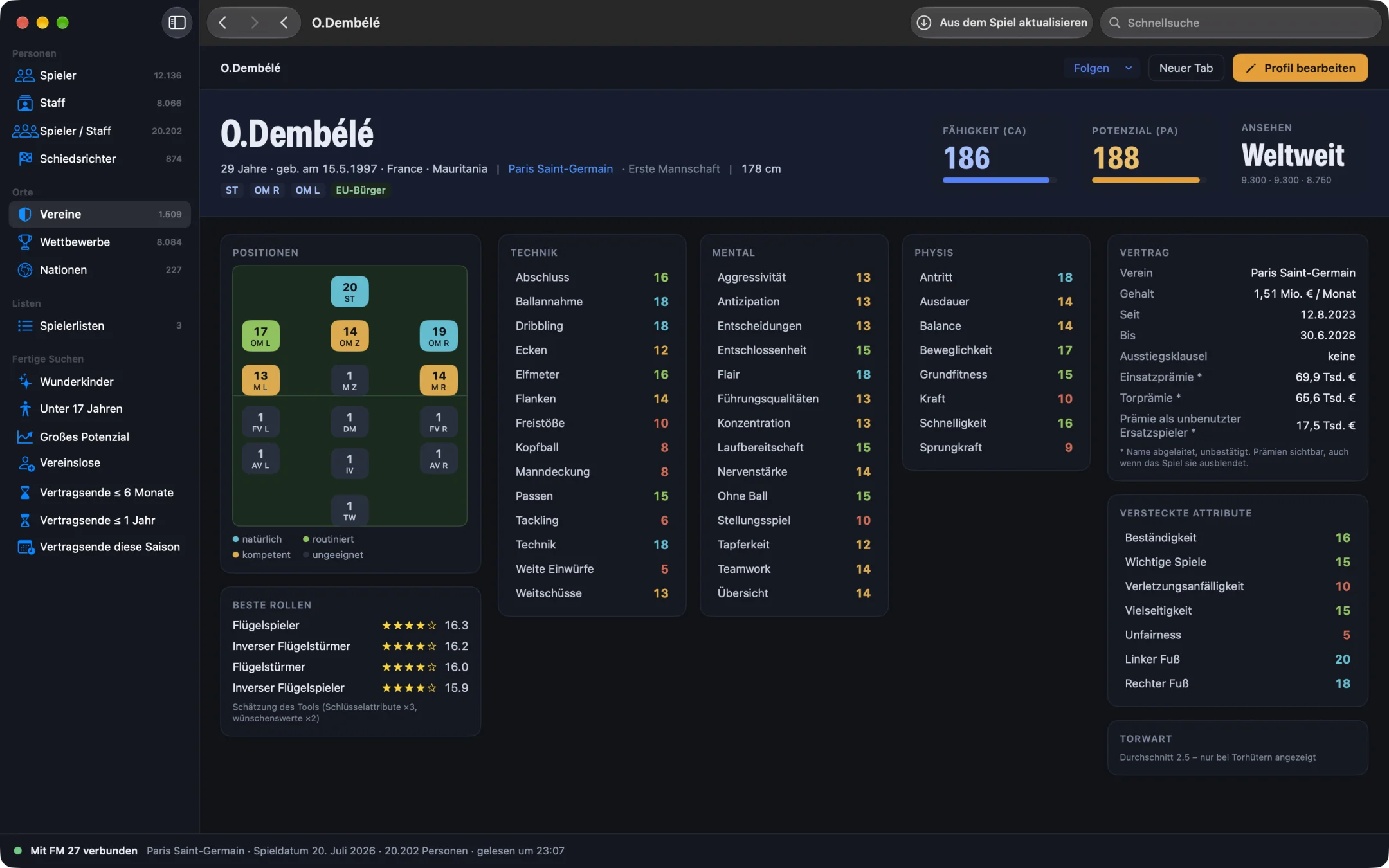 Spielerprofil: Attribute, versteckte Attribute, Positionen