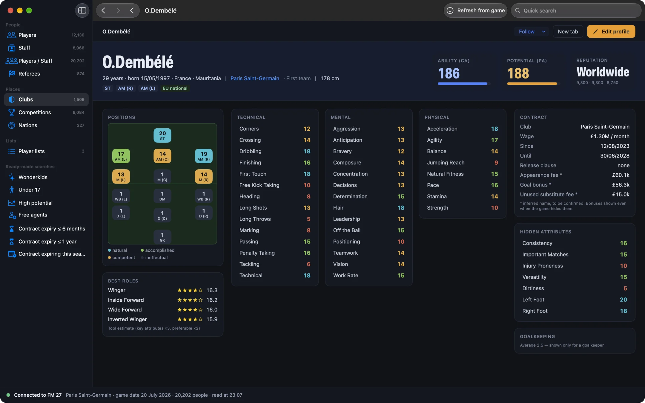 Player profile: attributes, hidden attributes, positions